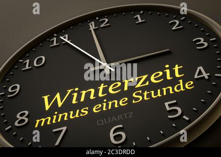 Sommerzeit Winterzeit minus eine Stunde moderne schwarze Uhr Stil Stockfoto