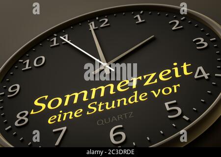 Sommerzeit eine Stunde vorwärts Moderne schwarze Uhr Stil Stockfoto