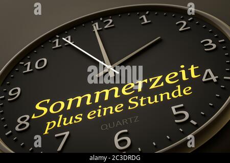 Sommerzeit und eine Stunde moderner schwarzer Uhr Stockfoto