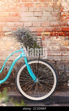 Fahrrad mit Blumenstrauß von Lavendel auf der Straße Stockfoto