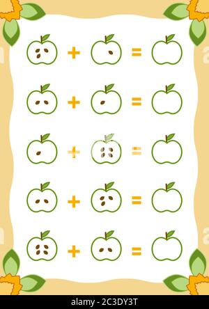 Zählspiel für Vorschulkinder. Pädagogisch ein mathematisches Spiel. Zählen Sie die Zahlen im Bild und schreiben Sie das Ergebnis. Hinzufügen von Arbeitsblättern mit Stock Vektor