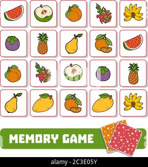 Memory-Spiel für Kinder im Vorschulalter, Vektorkarten mit Früchten Stock Vektor