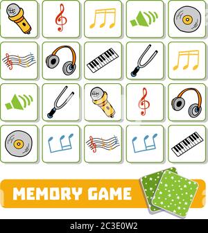 Memory-Spiel für Kinder im Vorschulalter, Vektorkarten mit musikalischen Objekten Stock Vektor