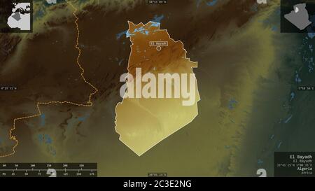 El Bayadh, Provinz Algerien. Farbiges Relief mit Seen und Flüssen. Form präsentiert gegen seine Landesfläche mit informativen Überlagerungen. 3D-Rendering Stockfoto