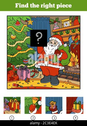 Finden Sie das richtige Stück, Puzzle-Spiel für Kinder. Weihnachtsmann und Hintergrund Stock Vektor