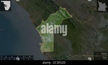 Cabinda, Provinz Angola. Satellitenbilder. Form präsentiert gegen seine Landesfläche mit informativen Überlagerungen. 3D-Rendering Stockfoto