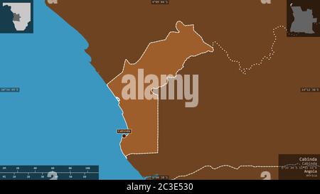 Cabinda, Provinz Angola. Gemusterte Feststoffe mit Seen und Flüssen. Form präsentiert gegen seine Landesfläche mit informativen Überlagerungen. 3D-Rendering Stockfoto