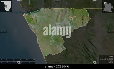 Zaire, Provinz Angola. Satellitenbilder. Form präsentiert gegen seine Landesfläche mit informativen Überlagerungen. 3D-Rendering Stockfoto