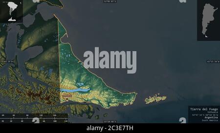 Feuerland, Staatsgebiet von Argentinien. Farbiges Relief mit Seen und Flüssen. Form präsentiert gegen seine Landfläche mit informativen Ove Stockfoto