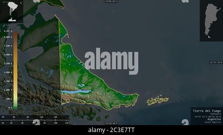 Feuerland, Staatsgebiet von Argentinien. Farbige Shader-Daten mit Seen und Flüssen. Form präsentiert gegen seine Landesfläche mit informativ Stockfoto