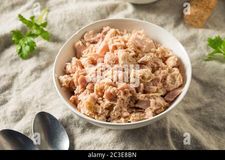 Bio-Dosen-Thunfisch aus Albacore in einer Schüssel Stockfoto