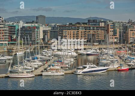 Hafen mit Yachten in der Innenstadt von Oslo in Norwegen Stockfoto