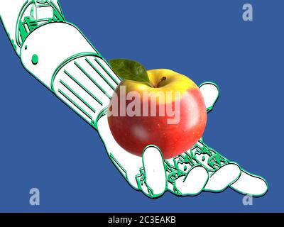 Stilisierte Illustration einer android-Hand mit einem Apfel in ihm Nahaufnahme Stockfoto