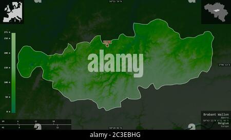 Brabant Wallon, Provinz Belgien. Farbige Shader-Daten mit Seen und Flüssen. Form präsentiert gegen seine Landesfläche mit informativen Überlagerungen. 3D Stockfoto