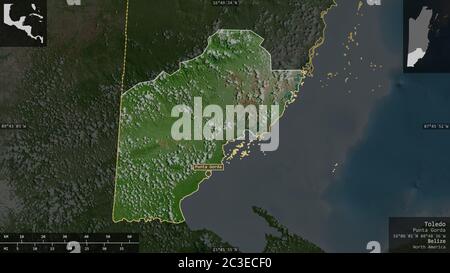 Toledo, Bezirk von Belize. Satellitenbilder. Form präsentiert gegen seine Landesfläche mit informativen Überlagerungen. 3D-Rendering Stockfoto
