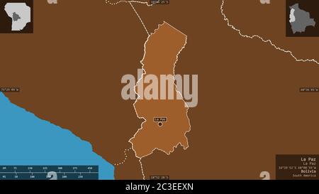 La Paz, Abteilung von Bolivien. Gemusterte Feststoffe mit Seen und Flüssen. Form präsentiert gegen seine Landesfläche mit informativen Überlagerungen. 3D-Renderin Stockfoto