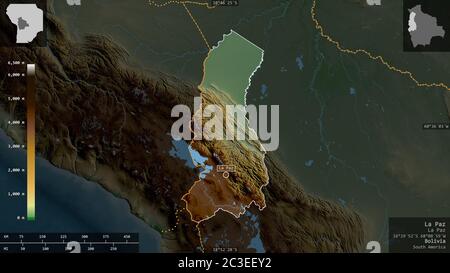 La Paz, Abteilung von Bolivien. Farbige Shader-Daten mit Seen und Flüssen. Form präsentiert gegen seine Landesfläche mit informativen Überlagerungen. 3D-rende Stockfoto