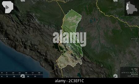 La Paz, Abteilung von Bolivien. Satellitenbilder. Form präsentiert gegen seine Landesfläche mit informativen Überlagerungen. 3D-Rendering Stockfoto