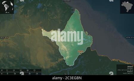 Amapá, Bundesstaat Brasilien. Farbiges Relief mit Seen und Flüssen. Form präsentiert gegen seine Landesfläche mit informativen Überlagerungen. 3D-Rendering Stockfoto