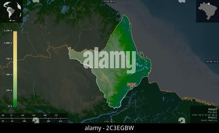 Amapá, Bundesstaat Brasilien. Farbige Shader-Daten mit Seen und Flüssen. Form präsentiert gegen seine Landesfläche mit informativen Überlagerungen. 3D-Rendering Stockfoto