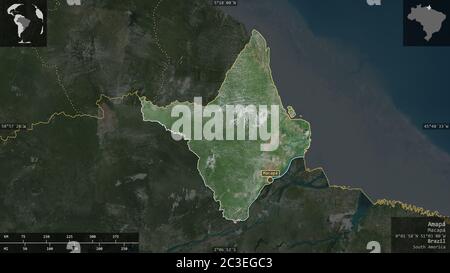 Amapá, Bundesstaat Brasilien. Satellitenbilder. Form präsentiert gegen seine Landesfläche mit informativen Überlagerungen. 3D-Rendering Stockfoto