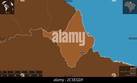 Amapá, Bundesstaat Brasilien. Gemusterte Feststoffe mit Seen und Flüssen. Form präsentiert gegen seine Landesfläche mit informativen Überlagerungen. 3D-Rendering Stockfoto