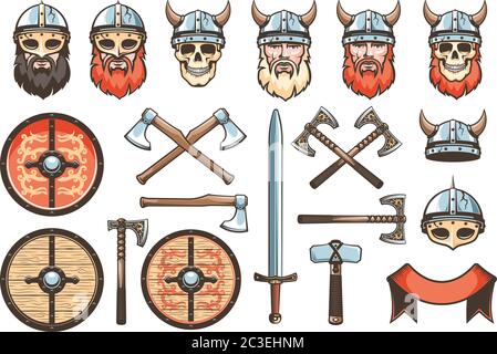 Mittelalterliche Waffen und Rüstungen von Wikingern und Rittern Stock Vektor