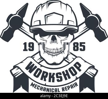 Industriearbeiter Schädel in Hut Retro-Logo Stock Vektor