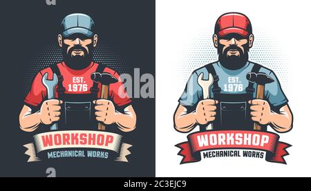 Reparaturwerkstatt Retro-Logo mit Handwerker und Werkzeuge Stock Vektor