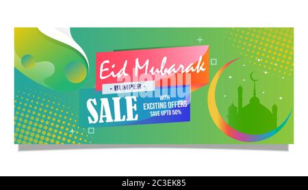 Voll bearbeitbar Eid Mubarak Bumper Verkauf, sparen Sie bis zu 50% mit spannenden Angeboten, Rabatt Banner, Vektor-Illustration Stock Vektor