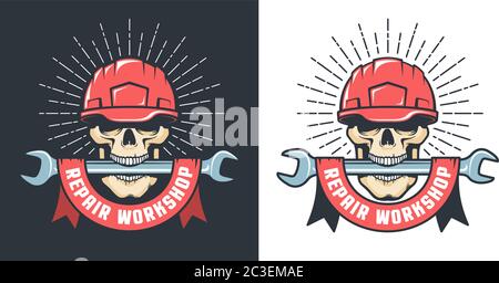Reparaturwerkstatt Retro-Logo mit Totenkopf in Hardhut und Schraubenschlüssel Stock Vektor