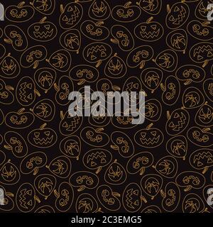 Nahtlose Muster auf schwarzem Hintergrund Linie orange Kürbisse Halloween Doodle Stil Vektor Illustration Stock Vektor