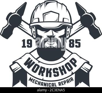 Industriearbeiter Schädel in Hut Retro-Logo Stock Vektor