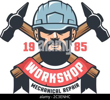 Industriearbeiter in Helm Vintage-Logo Stock Vektor