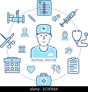 Arzt und Medizin - Konzept der linearen Symbole. Stock Vektor