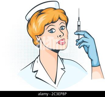 Krankenschwester mit Spritze in der Hand - Pop Art Retro Illustration Stock Vektor