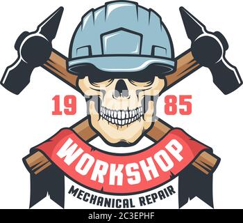 Arbeiter Schädel in Helm Vintage-Logo Stock Vektor