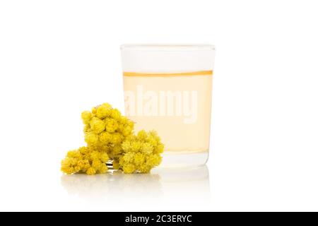 Immortelle Blumen & Tinktur auf weißem Hintergrund. Stockfoto