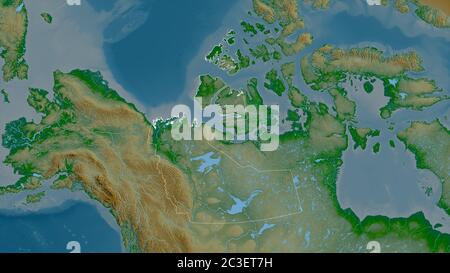 Nordwest-Territorien, Territorium von Kanada. Farbige Shader-Daten mit Seen und Flüssen. Form, die gegenüber dem Landesgebiet umrissen ist. 3D-Rendering Stockfoto