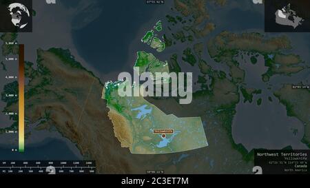 Nordwest-Territorien, Territorium von Kanada. Farbige Shader-Daten mit Seen und Flüssen. Form präsentiert gegen seine Landesfläche mit informativen Overl Stockfoto
