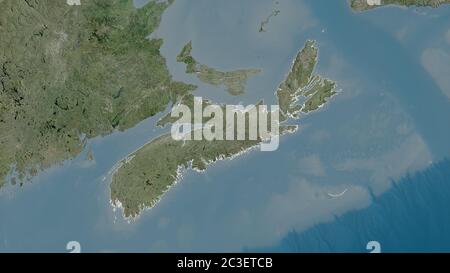 Nova Scotia, Provinz Kanada. Satellitenbilder. Form, die gegenüber dem Landesgebiet umrissen ist. 3D-Rendering Stockfoto