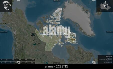 Nunavut, Territorium von Kanada. Satellitenbilder. Form präsentiert gegen seine Landesfläche mit informativen Überlagerungen. 3D-Rendering Stockfoto