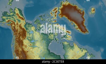 Nunavut, Territorium von Kanada. Farbiges Relief mit Seen und Flüssen. Form, die gegenüber dem Landesgebiet umrissen ist. 3D-Rendering Stockfoto