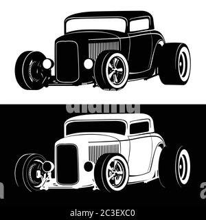 Klassische amerikanische Hot Rod Auto isoliert Vektor-Illustration in beiden schwarz auf weiß und weiß auf schwarz Versionen Stock Vektor