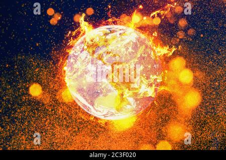 Brennender Planet Erde feuern Inferno. Konzept der globalen Erwärmung und der Umweltkatastrophe. Stockfoto