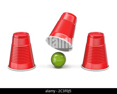 Shell Game drei rote Tassen und grünen Ball 3D Stockfoto