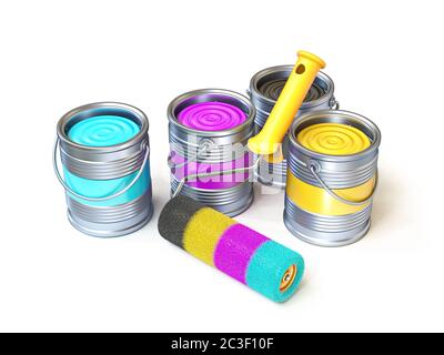 CMYK-Dosen Farbe Farbe und Roller Pinsel 3D Stockfoto