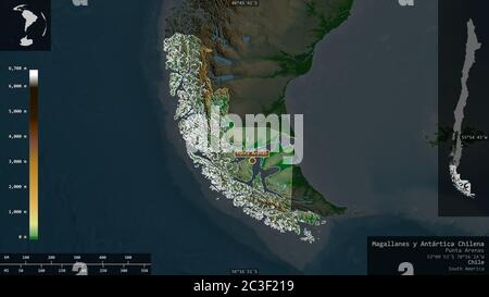 Magallanes y Antártica Chilena, Region von Chile. Farbige Shader-Daten mit Seen und Flüssen. Form präsentiert gegen seine Landesfläche mit informativen Stockfoto