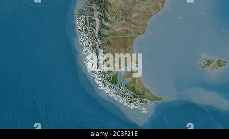 Magallanes y Antártica Chilena, Region von Chile. Satellitenbilder. Form, die gegenüber dem Landesgebiet umrissen ist. 3D-Rendering Stockfoto