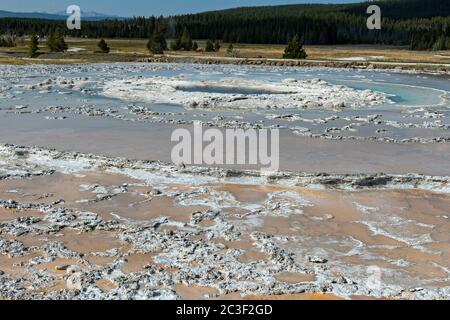 Great Fountain Geyser, einer der Geysire des Yellowstone National Park und Teil der Great Fountain Group entlang des Firehole Lake Drive in Yellowstone, Wyoming. Der Geysir ist während der Sommer Trockenzeit zu sehen. Stockfoto
